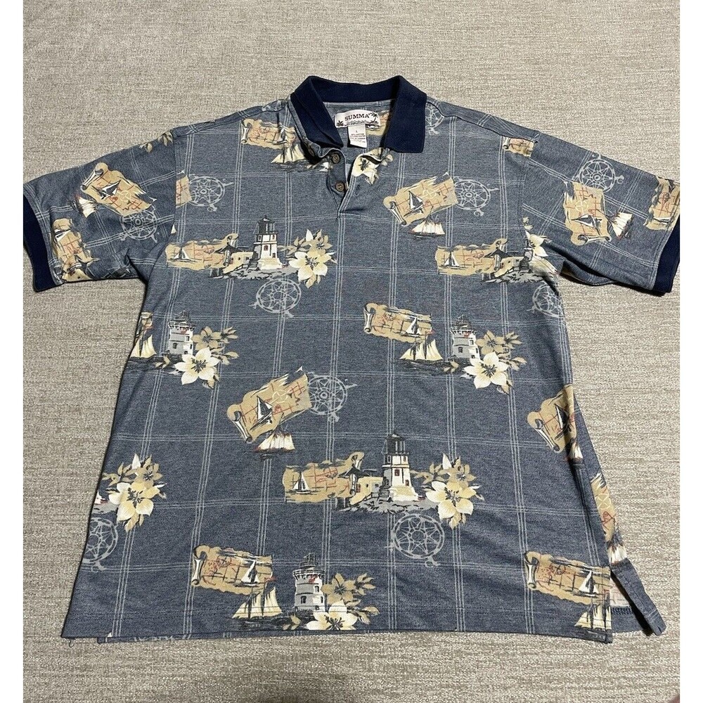 SUMMA Vintage Hawaiian Polo Mens L, Large Blue
